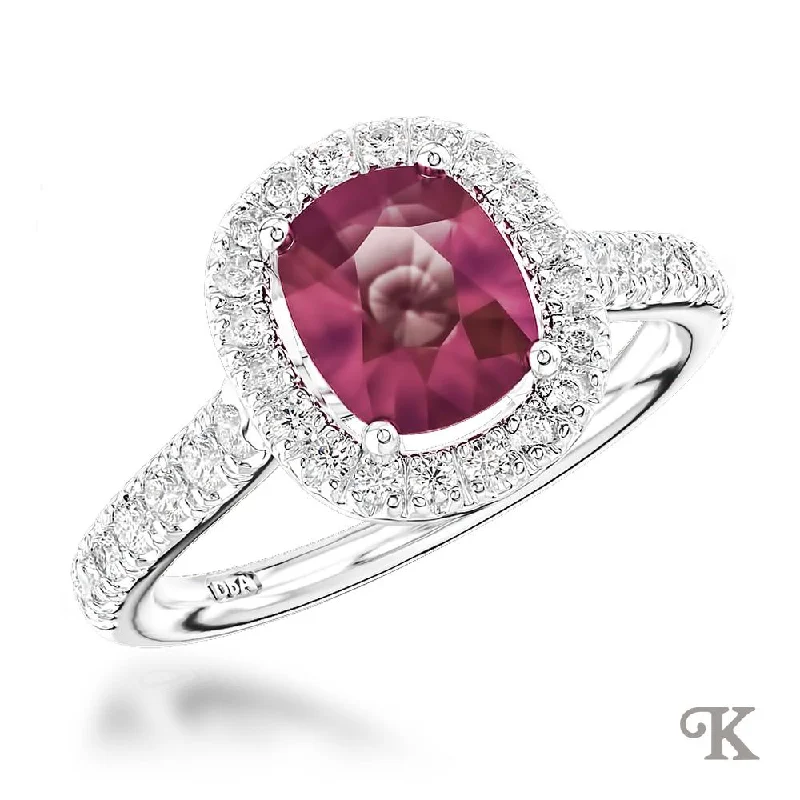 Men's Ruby Engagement Rings in Rose Gold with a Solitaire Design for a Romantic GestureSkye Cushion Halo