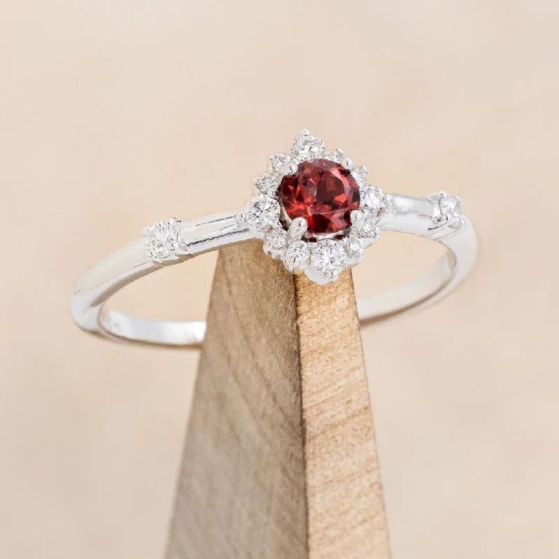 Men's Garnet Engagement Rings in 18K Gold Vermeil with Intricate Engraved Details"STARLA" - ROUND CUT GARNET ENGAGEMENT RING WITH STARBURST DIAMOND HALO