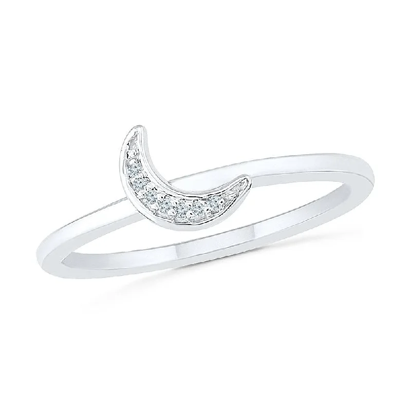 Minimalist Fashion Rings in Stainless Steel with a Single Solitaire CrystalDiamond Fashion Ring with Crescent Moon