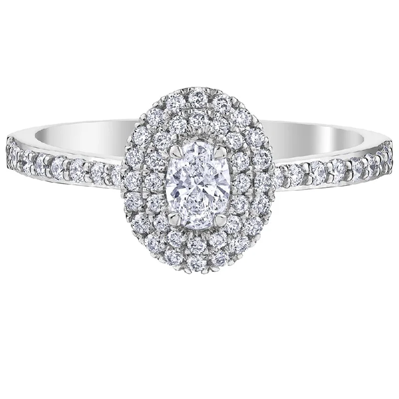 Cathedral - Style Women's Diamond Rings with a Raised Center Setting and Elaborate MetalworkCanadian Oval Diamond Ring with Double Halo