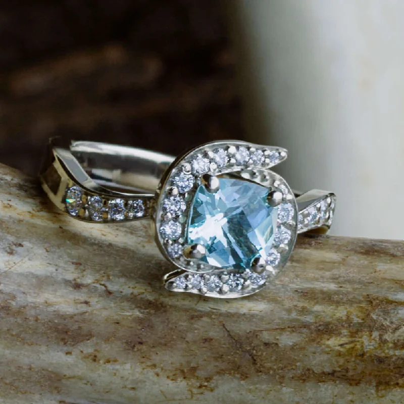 Men's Agate Engagement Rings in Sterling Silver with a Mosaic - Style InlayAquamarine Halo Engagement Ring with Antler Inlay