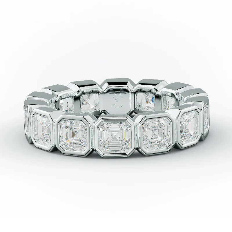 Art Deco - Inspired Women's Diamond Rings with Geometric Designs and Baguette - Cut Diamonds4.0 Carat Bezel Set Asscher Cut Diamond Eternity Band