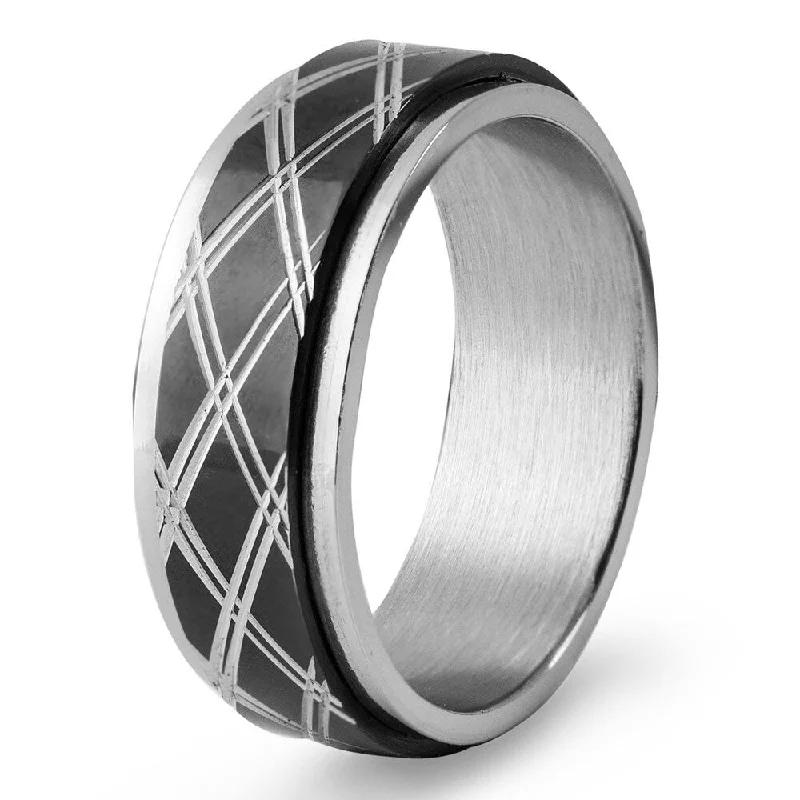 Textured Fashion Rings in Pewter with Hammered and Embossed SurfacesMen's Black Plated Stainless Steel Diamond Pattern Spinner Ring