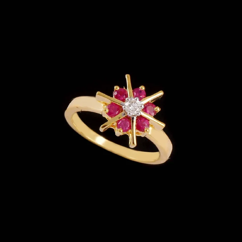 Pear - Shaped Women's Diamond Rings in Yellow Gold with a Single - Diamond Pendant Look18K YG Nakshatra Diamond with Ruby Ring-1pc