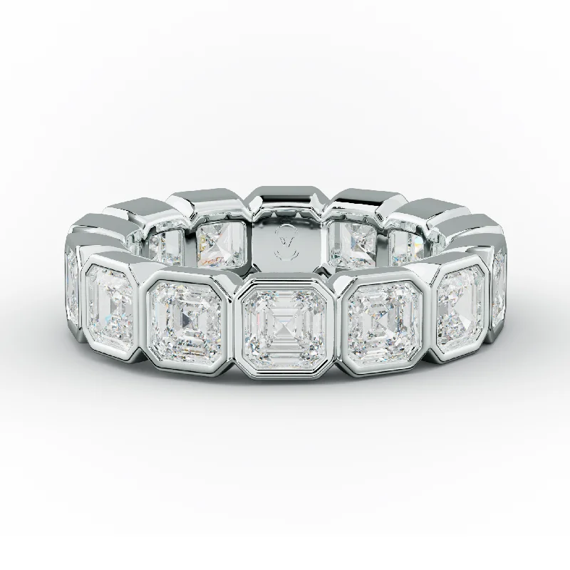 Vintage - Style Women's Diamond Rings with Floral - Engraved Bands and Multiple Diamond Accents5.0 Carat Bezel Set Asscher Cut Diamond Eternity Band