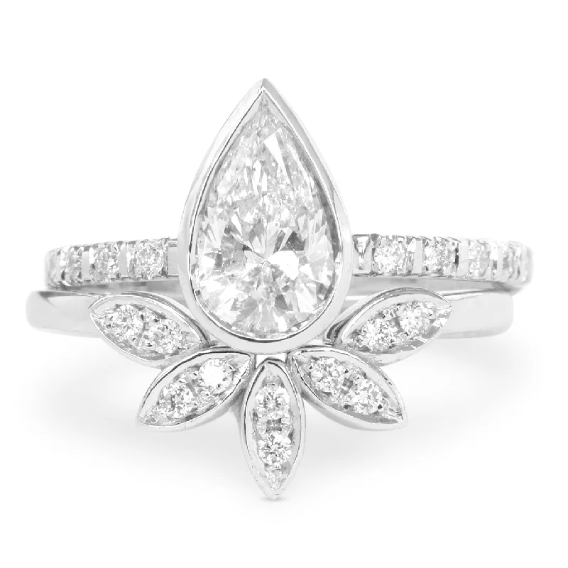 Cathedral - Style Women's Diamond Rings with a Raised Center Setting and Elaborate MetalworkPear Diamond Delicate Engagement Ring & 5 Leaves Wedding band, two ring set ♥