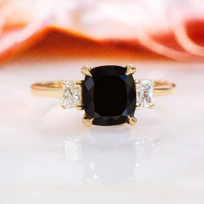 Cluster - Style Women's Diamond Rings with Multiple Small Diamonds Arranged in a Stunning PatternShadowscape -   Three Stone  Natural Black Diamond Cushion Engagement Ring  in Yellow Gold