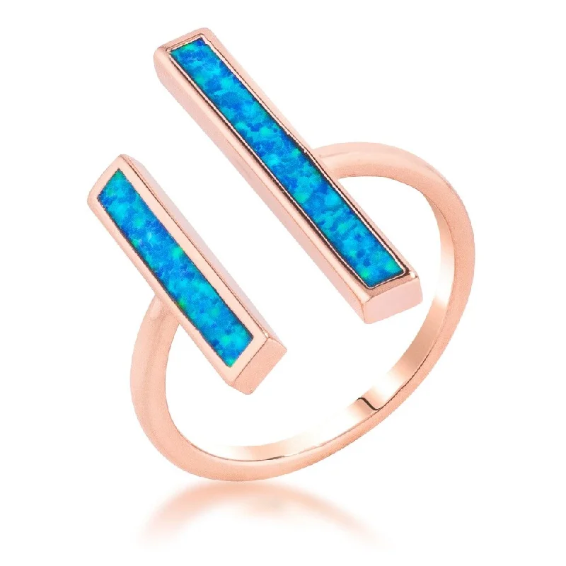 Minimalist Fashion Rings in Stainless Steel with a Single Solitaire CrystalContemporary Blue Opal Double Bar Ring