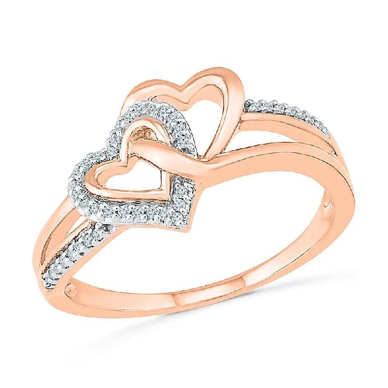 Rhinestone - Embellished Fashion Rings in Silver - Tone Metal for a Glamorous TouchDouble Heart Promise Ring With Diamond Accents