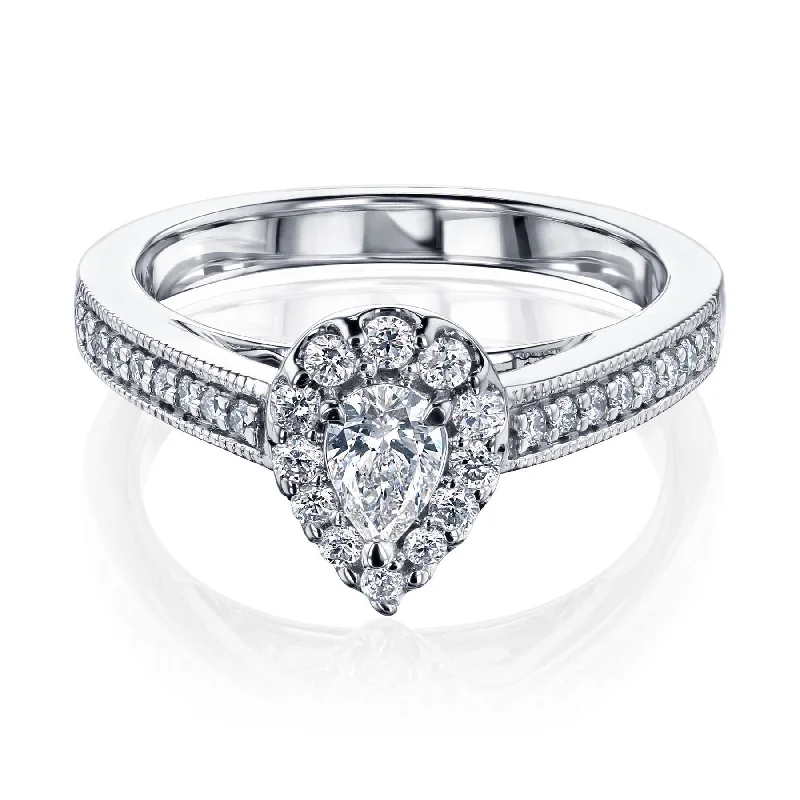 Vintage - Style Women's Diamond Rings with Floral - Engraved Bands and Multiple Diamond AccentsAnnello by Kobelli 10k White Gold The Pear Halo Diamond Ring (HI/SI, HI/I)