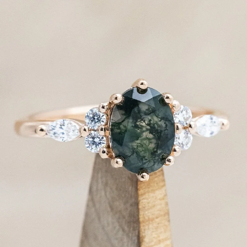 Men's Agate Engagement Rings in Sterling Silver with a Mosaic - Style Inlay"SAGE" - OVAL CUT MOSS AGATE ENGAGEMENT RING WITH DIAMOND ACCENTS