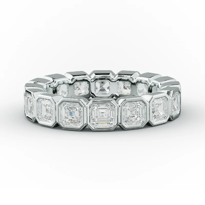 Cushion - Cut Women's Diamond Rings in Platinum with a Soft and Romantic Appearance3.0 Carat Bezel Set Asscher Cut Diamond Eternity Band