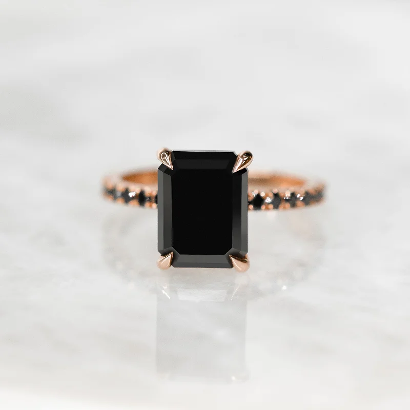 Pear - Shaped Women's Diamond Rings in Yellow Gold with a Single - Diamond Pendant LookNoir Mystique Unique Natural Black Diamond Emerald Cut Engagement Ring In Rose Gold