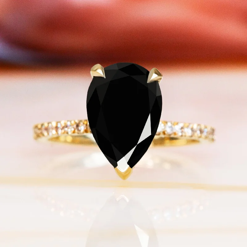 Pear - Shaped Women's Diamond Rings in Yellow Gold with a Single - Diamond Pendant LookForbidden Fruit - Hidden Halo Natural Black Diamond Pear Engagement Ring in Yellow Gold