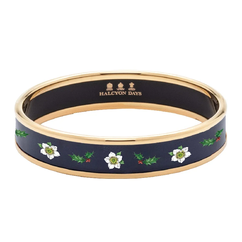 Adjustable Bangle Bracelets with Magnetic Closures for Easy Wear and RemovalChristmas Hellebores Navy & Gold Enamel Bangle