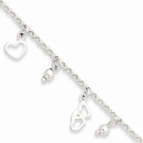 Chamm Bracelets for couplesSterling Silver Polished Heart & Bead Fancy Dangle Bracelet