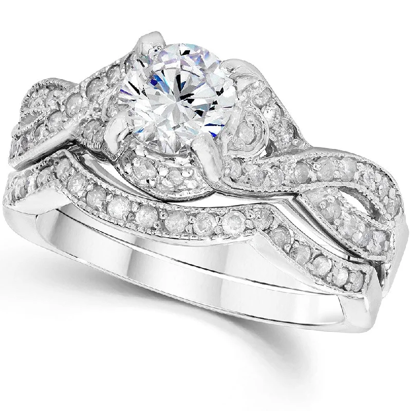 Laser - Etched Floral Design Wedding Bands in Palladium for a Delicate and Intricate Look14k White Gold 1 1/2 ct TDW Diamond Engagement Wedding Ring Set