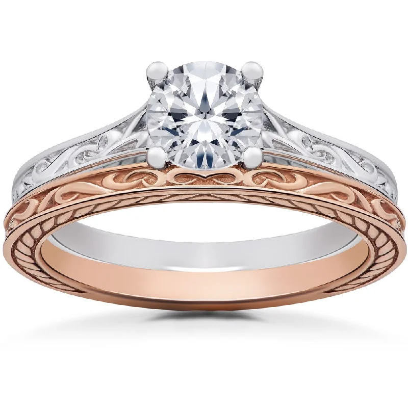 Rose Gold - Plated Engagement and Wedding Band Sets with a Halo of Cubic Zirconia for a Glamorous and Affordable Look14k White & Rose Gold 1 ct Vintage Scroll Solitaire Lab Grown Engagement Ring & Matching Wedding Band (F-G, SI1-SI2)