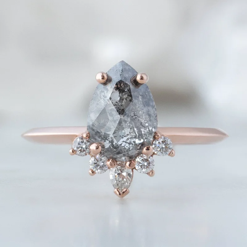 Oval Cut Engagement Rings in Palladium with a Hidden Halo for a Surprise SparkleThe Aster Ring | 1.31ct Rose Cut Salt and Pepper Diamond in 14K Rose Gold