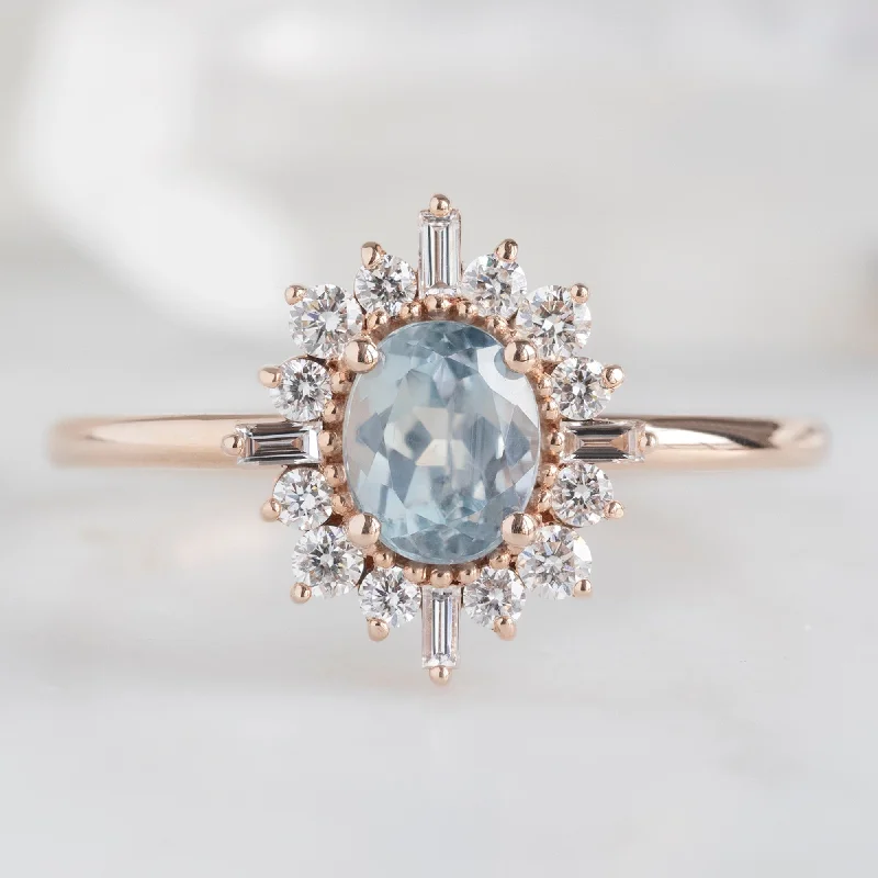 Art Deco Engagement Rings with Geometric Patterns and Baguette - Cut Diamond AccentsThe Compass Ring | 0.87ct Oval Montana Sapphire in 14K Rose Gold