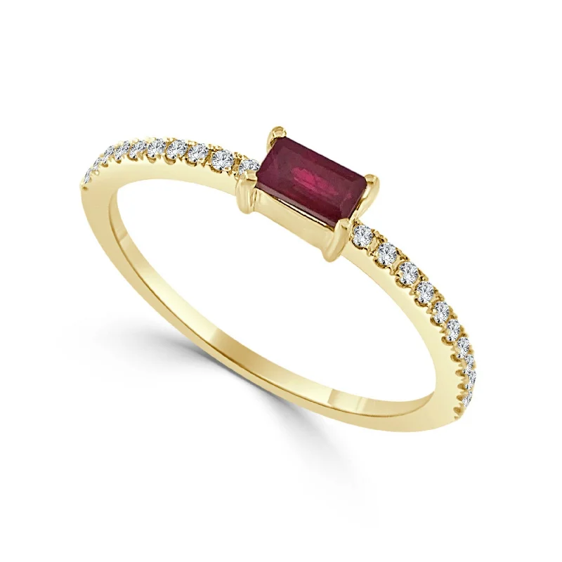 Garnet Gemstone Rings in 18K Gold Vermeil with Intricate Engravings for a Traditional AestheticJoelle Ruby and Diamond Cut Band Ring - 14K Gold Baguette Shaped Ruby