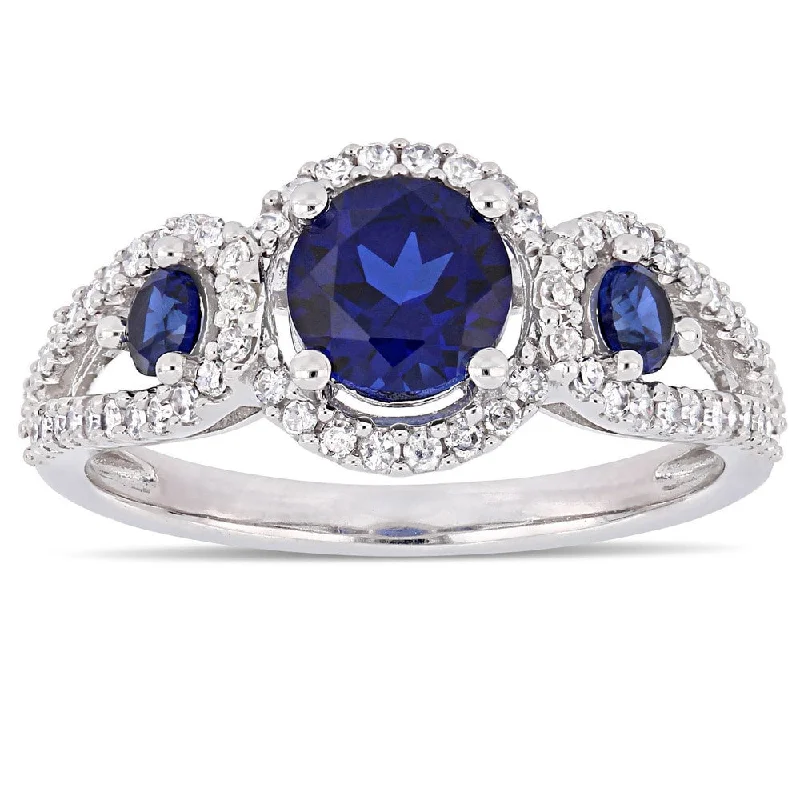 Sapphire Gemstone Rings in 18K White Gold with Diamond Accents for an Elegant EngagementMiadora Signature Collection 10k White Gold Created Blue Sapphire and 1/3ct TDW Diamond 3-Stone Halo Crossover Engagement Ring