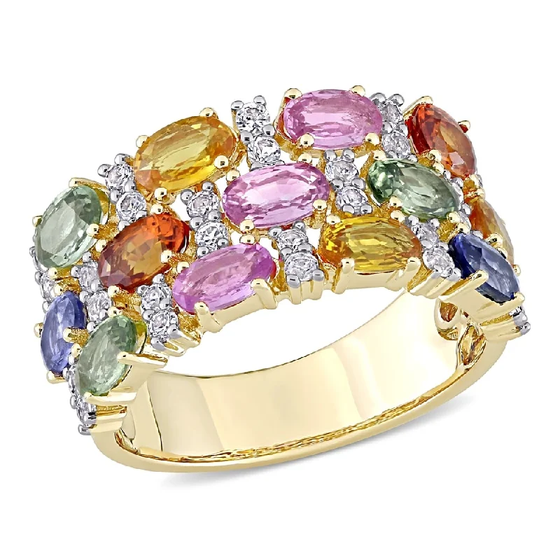 Topaz Gemstone Rings in 10K Gold with a Channel - Set Design for a Contemporary and Durable OptionOval-Cut Multi-Color Sapphire Semi-Eternity 3-Row Anniversary Band in 14k Yellow Gold by Miadora