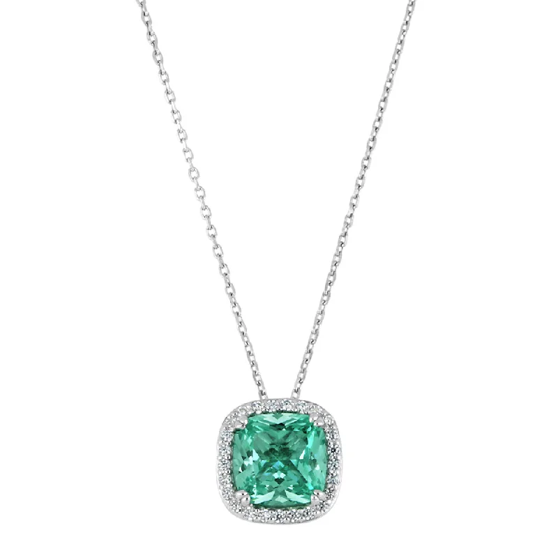 Custom engraved pendants for special occasionsHalo necklace with ocean green simulant and 0.22 carats* of diamond simulants in sterling silver