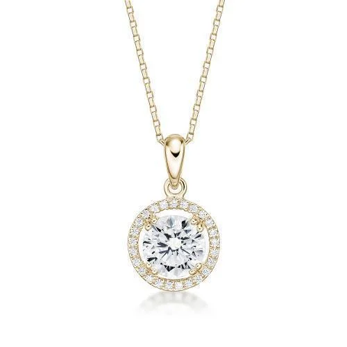 Personalized name necklaces for womenHalo pendant with 1.77 carats* of diamond simulants in 10 carat yellow gold