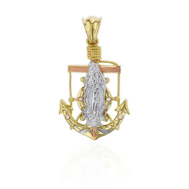 Rhinestone - Encrusted Crown Pendant for Little Girls' Dress - UpTri-Color Anchor Virgin Mary CZ Pendant (14K)