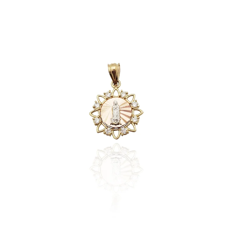 Handmade Leather - Wrapped Crystal Pendant for a Bohemian AestheticTri-Color Virgin Mary Spiking CZ Pendant (14K)