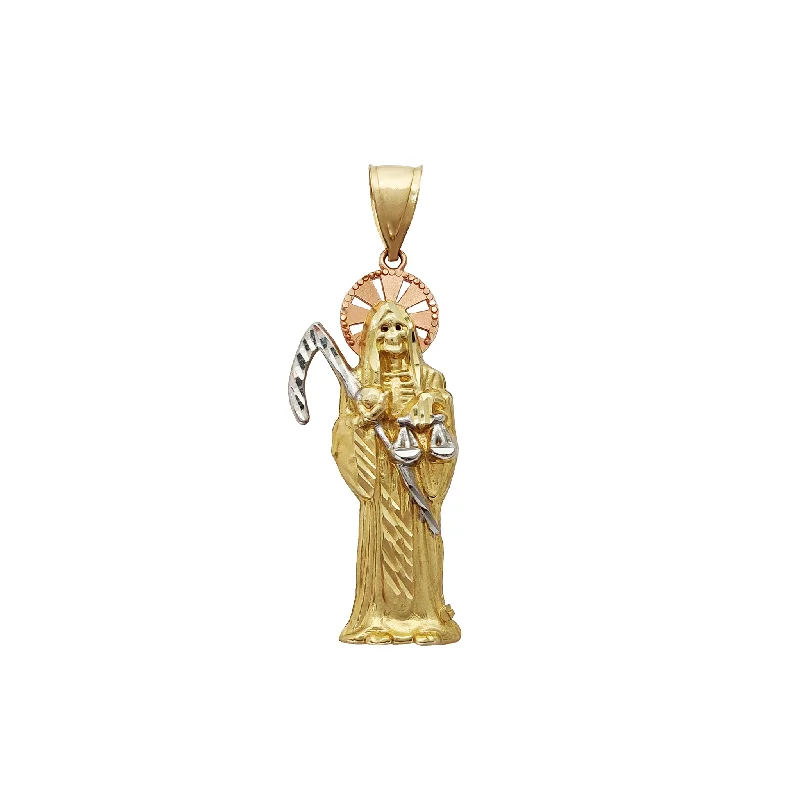 Retro - Inspired Art Deco - Patterned Pendant in Silver for Vintage LoversTri-Tone Diamond Cuts Santa Muerte Pendant (14K)